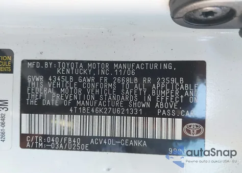 2007 Toyota Camry Le from USA, damaged, VIN 4T1BE46K27U621331